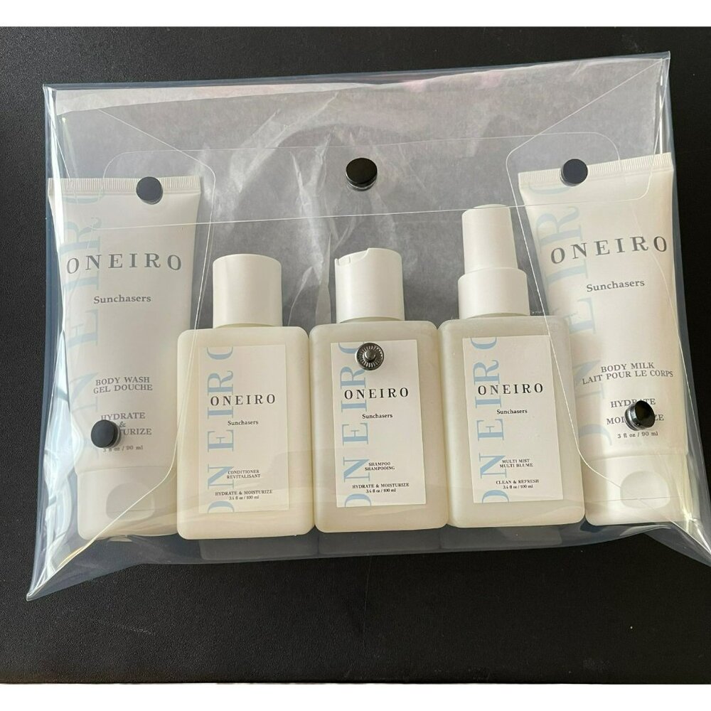 NEW Oneiro Vegan Hypo Allergenic Travel 5 Piece Set - Shampoo, Conditioner, Loti